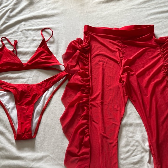 Red Bikini Set with Ruffled Pants - Picture 3 of 4